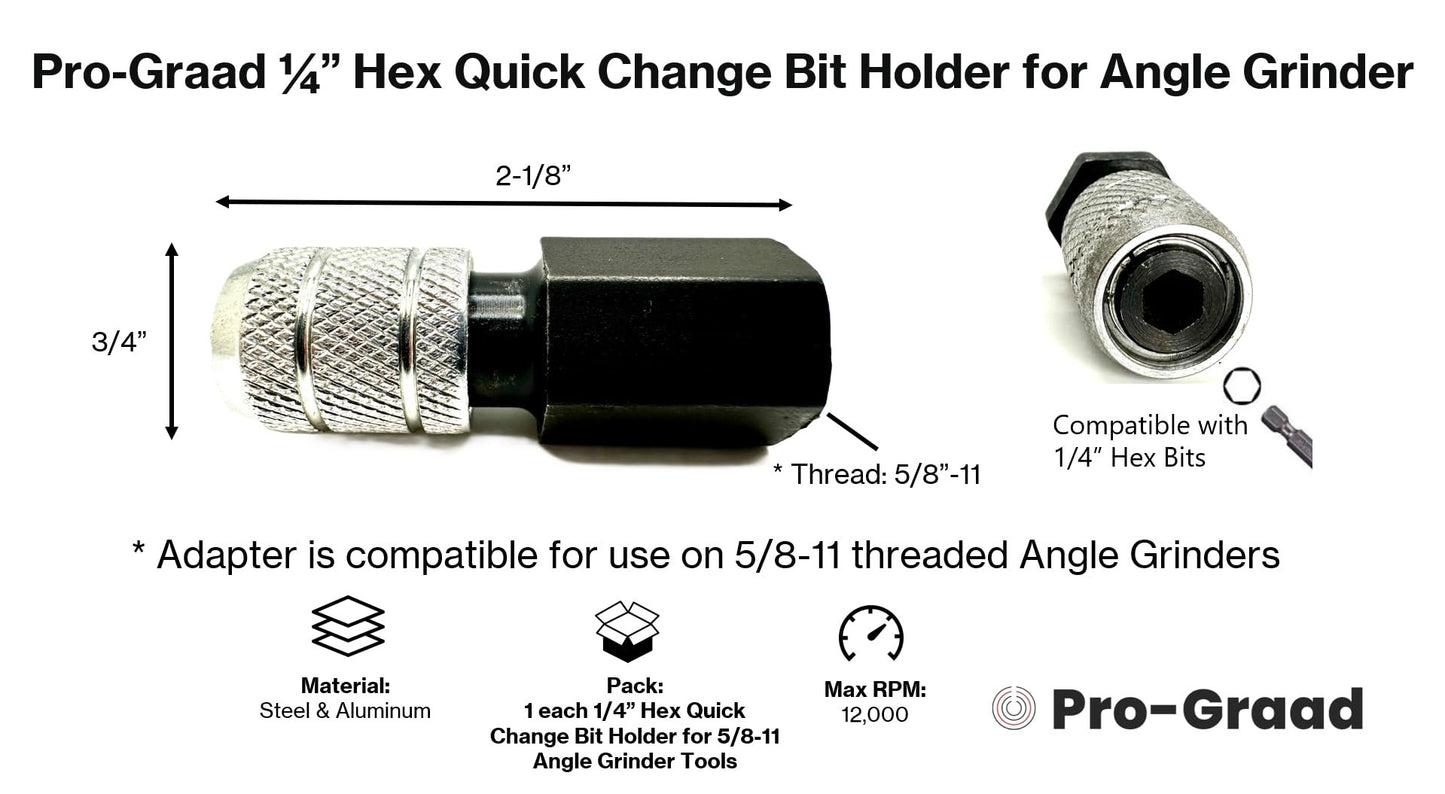 Pro-Graad 1/4” Hex Shank Converter, Quick Change Bit Holder for 5/8-11 Angle Grinders, Upgrade Accessory, Adapter for Mushroom Log Inoculation Hex Drill Bits, Pack of 1