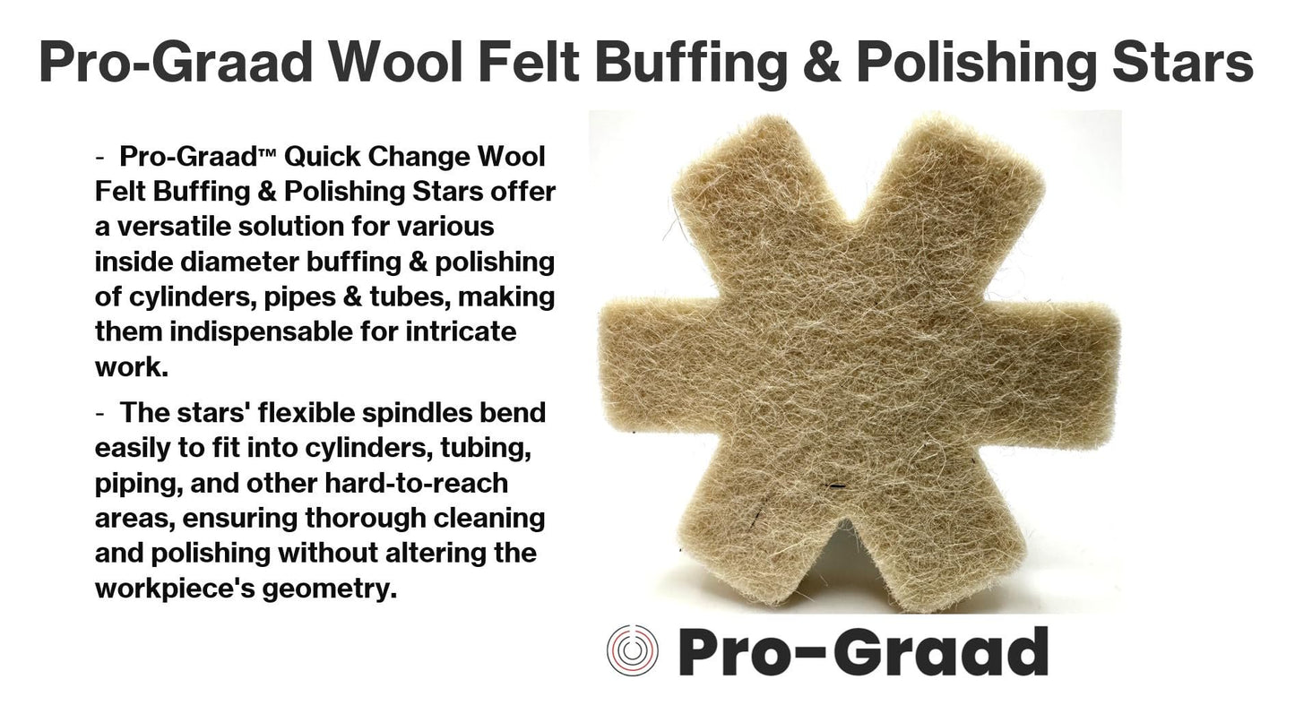 Pro-Graad 10 Pack 1-1/2” Wool Felt Buffing & Polishing Stars, Ideal for Buffing & Polishing inside of cylinders, pipe, tubing, Excels on Aluminum, Steel, Titanium - Includes Holder