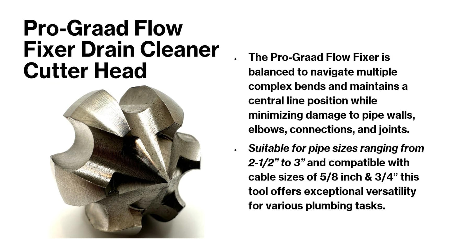 Pro-Graad 2” Flow Fixer Drain Cleaner Plumbing Snake Cutter Head for 2-1/2" - 3" Pipes, Clears & Scrapes Pipe Inner Walls, Fits 5/8” & 3/4" Cables, for Commercial & Residential Use