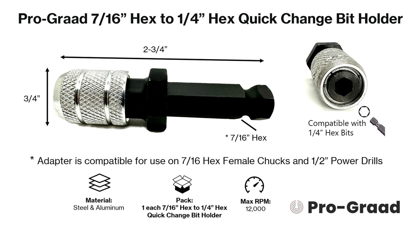 Pro-Graad 7/16" Hex to 1/4" Hex Shank Adapter, Quick Change Bit Holder Converter for 7/16 Impact Drivers & 1/2" Power Drills, Heavy Duty 1/4 Hex Bit Holder for Drill & Driver Accessories