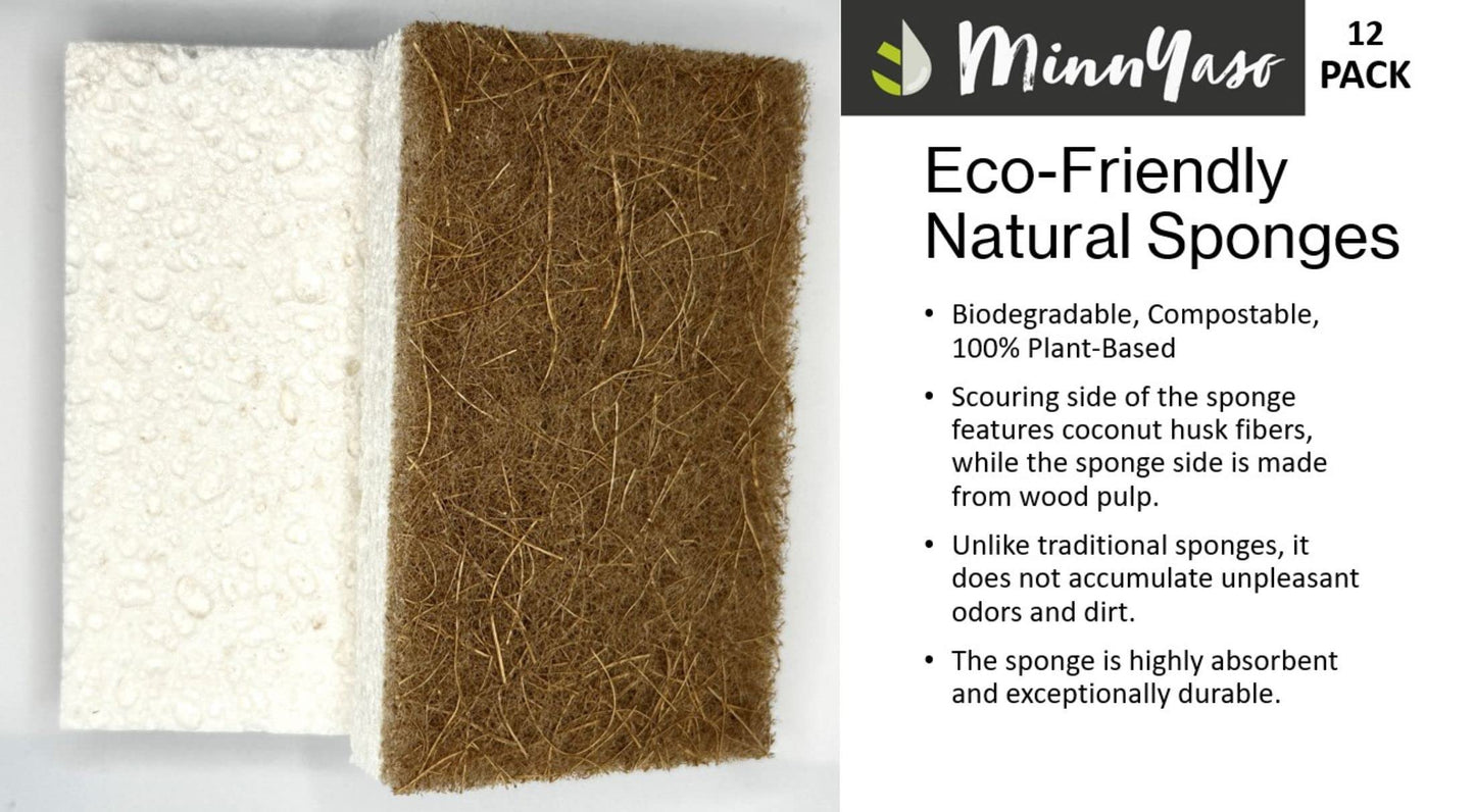 MinnYaso 12 Pack Natural Sponges | Hemp Sisal Plant Based Scrubber Scouring Sponge | Eco-Friendly Odor Free Biodegradable Compostable Wood Pulp | Sustainable Scrub Pads for Kitchen, Dishes, Bathroom