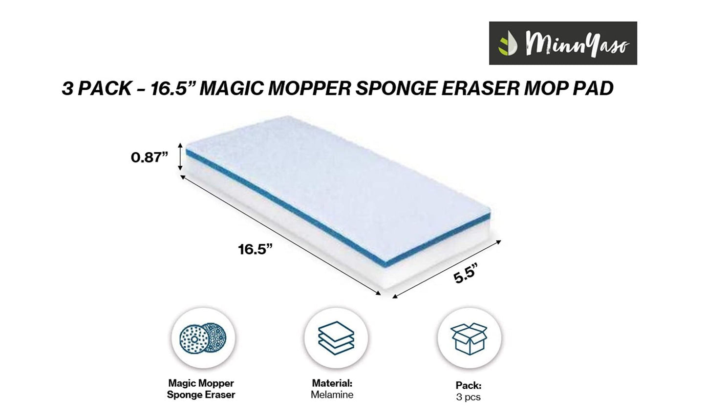 MinnYaso Magic Sponge Eraser Pad | Compatible with Most 16" Spray Mops, Libman & Reveal | Fit 16-18" Mops | 16.5" Magic Sponge Eraser | 3 Pack