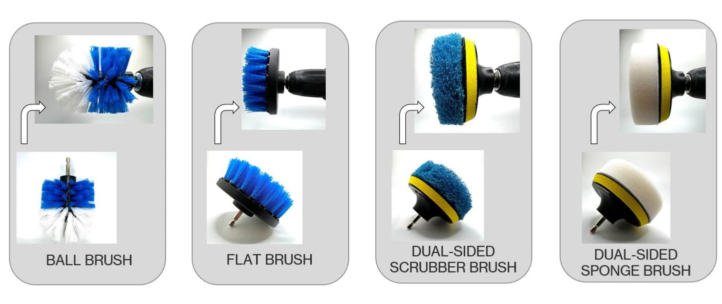 Pro-Graad 4 Piece Drill Brush Attachment Set, Scrubbing Pad and Sponge - Power Brush Scrubber Deep Cleaning Kit for Bathroom Kitchen Boat Car Grout Floor Tub Shower Tile Surfaces