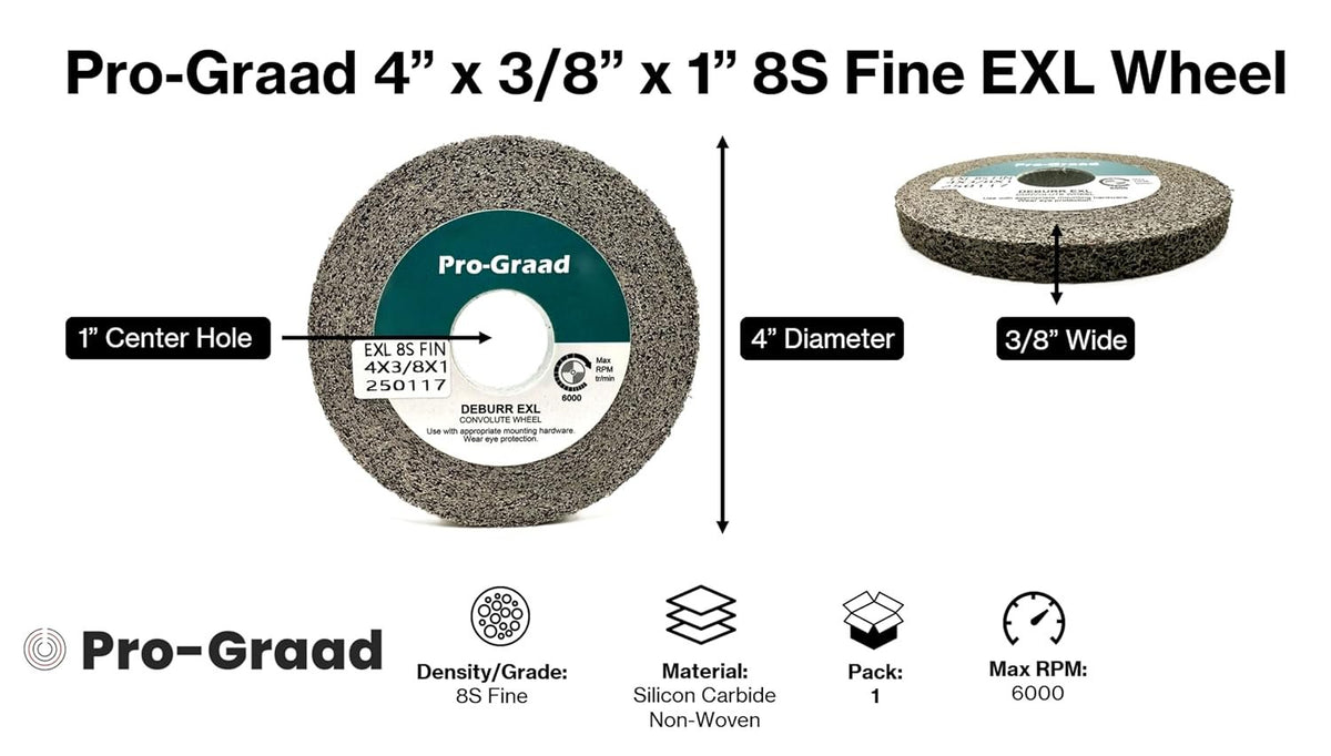 Pro-Graad EXL Deburring Wheel - 4" x 3/8" x 1" 8S Fine Grit - Silicon Carbide - Metal Deburring, Finishing and Polishing Wheel - Convolute - 92961 - (1 Pack)