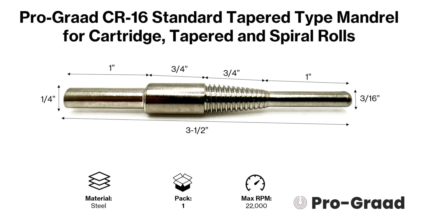 Pro-Graad CR-16 Standard Tapered Type Mandrels for Cartridge Rolls, 3-1/2” Overall Length, 1/4" x1-1/2” Shank x 3/16”x1” Pilot, 45118, (Pack of 1)