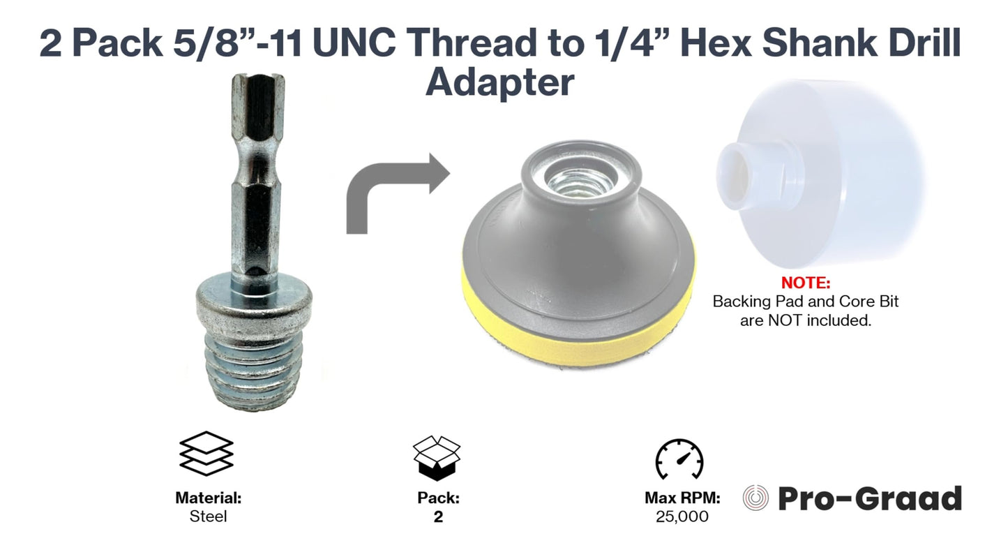 Pro-Graad DA4 2 Pack 5/8"-11 to 1/4" Hex Shank Drill Adapter - Converts Polisher Pad Backing Plates or Core Drill Bit with 5/8-11 Thread to 1/4" Hex Shaft for Use with Drills and Drill Press (2 Pack)