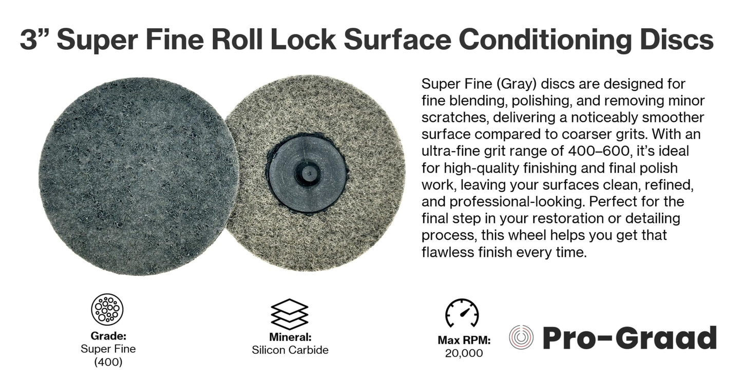 Pro-Graad 3" Gray S-Fine Quick Change Non-Woven Nylon Surface Conditioning Discs for Deburring Sanding Finishing Blending Polishing with Male R-Type Backing Use with Die Grinder - 25 Pack