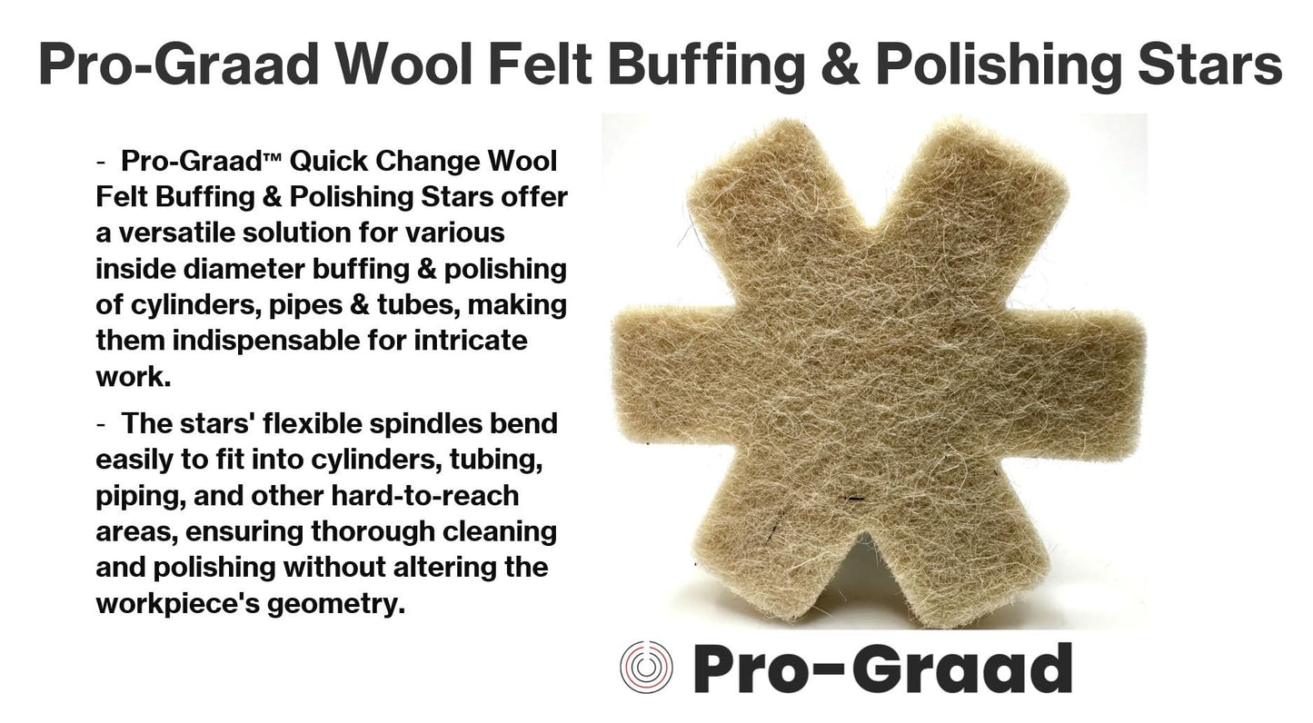 Pro-Graad 10 Pack 2” Wool Felt Buffing & Polishing Stars, Ideal for Buffing & Polishing inside of cylinders, pipe, tubing, Excels on Aluminum, Steel, Titanium - Includes Holder