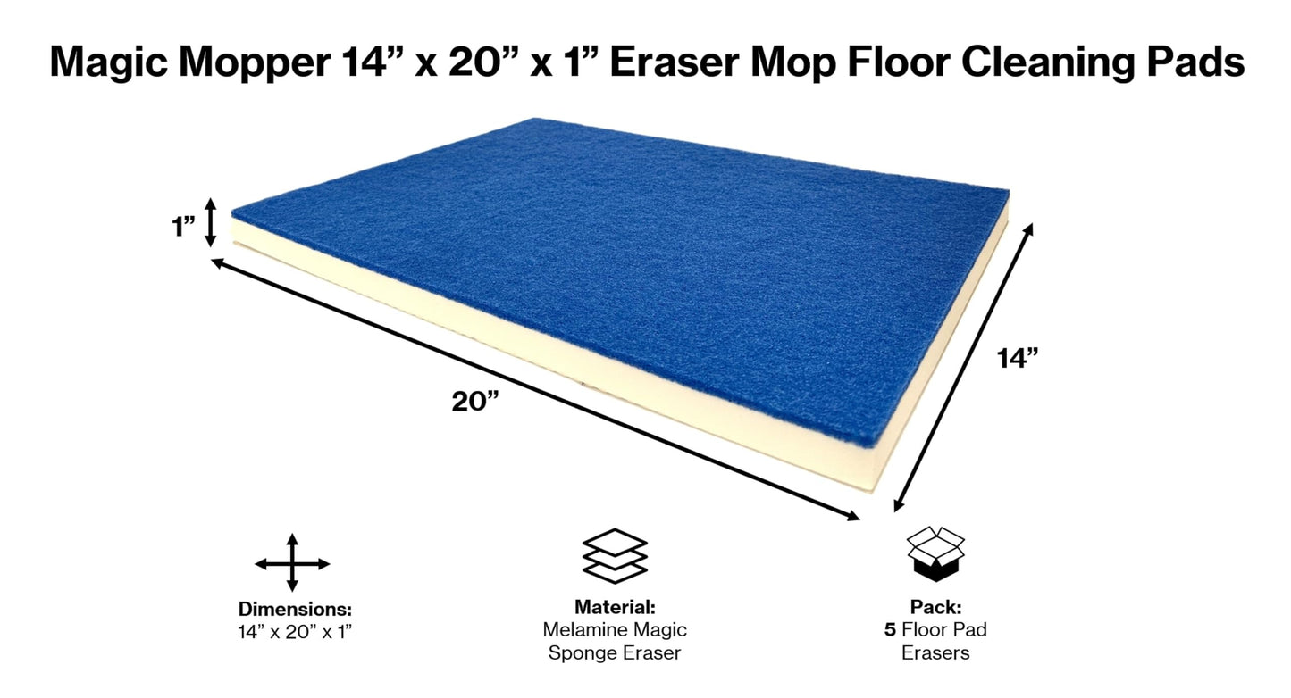 Magic Mopper Eraser Mop Floor Cleaning Pads – 14″ x 20″ (5 Pack) | Commercial-Grade Melamine Sponge Mop Pads for Floors, Tile & Grout | Durable, Versatile for Deep Cleaning
