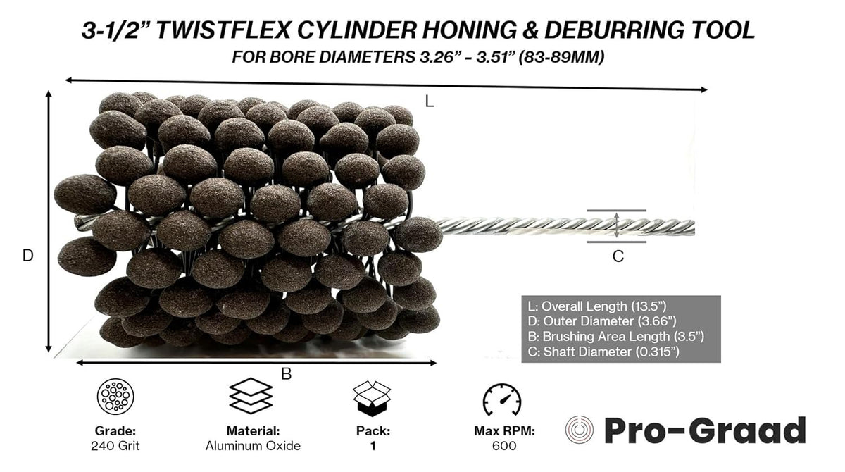 Pro-Graad TwistFlex Cylinder Hone | 3-1/2" 240AO for Brake Cylinders, Valve Guides, Hydraulics, 3.5" Diameter for Hole Diameters 3.26"- 3.51" | Aluminum Oxide 240 Grit | 0.315" Shank | 13.5" Length