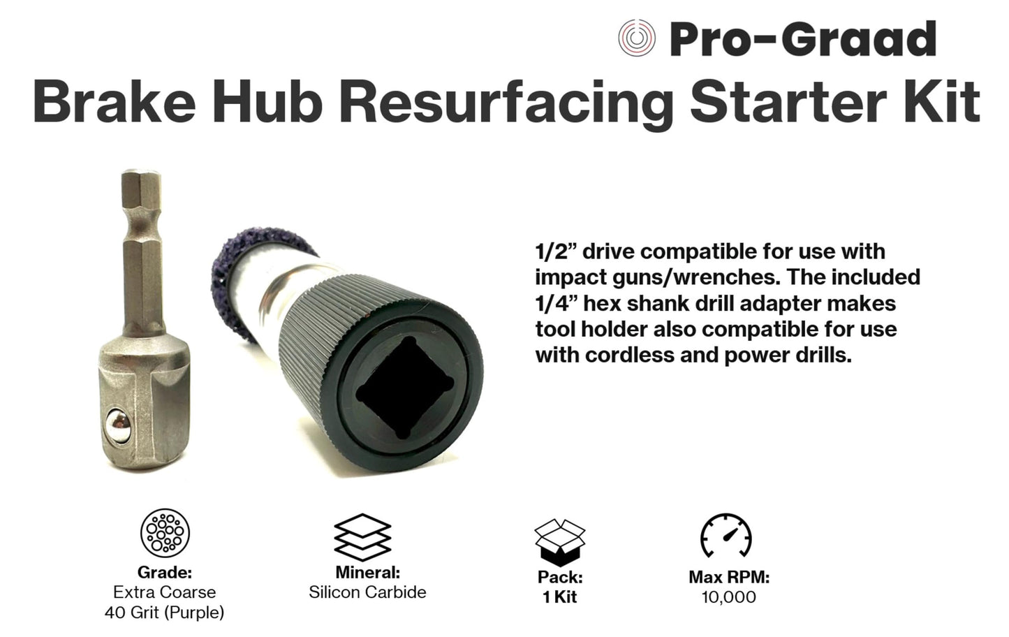 Pro-Graad Brake Hub Cleaning Pad Holder 3 Piece Kit – Impact Driven Surface & Stud Cleaner Holder with 1-1/2” Cleaning Pad, and Drill Adapter – Perfect for Hub, Rotor, Wheel Rust Removal