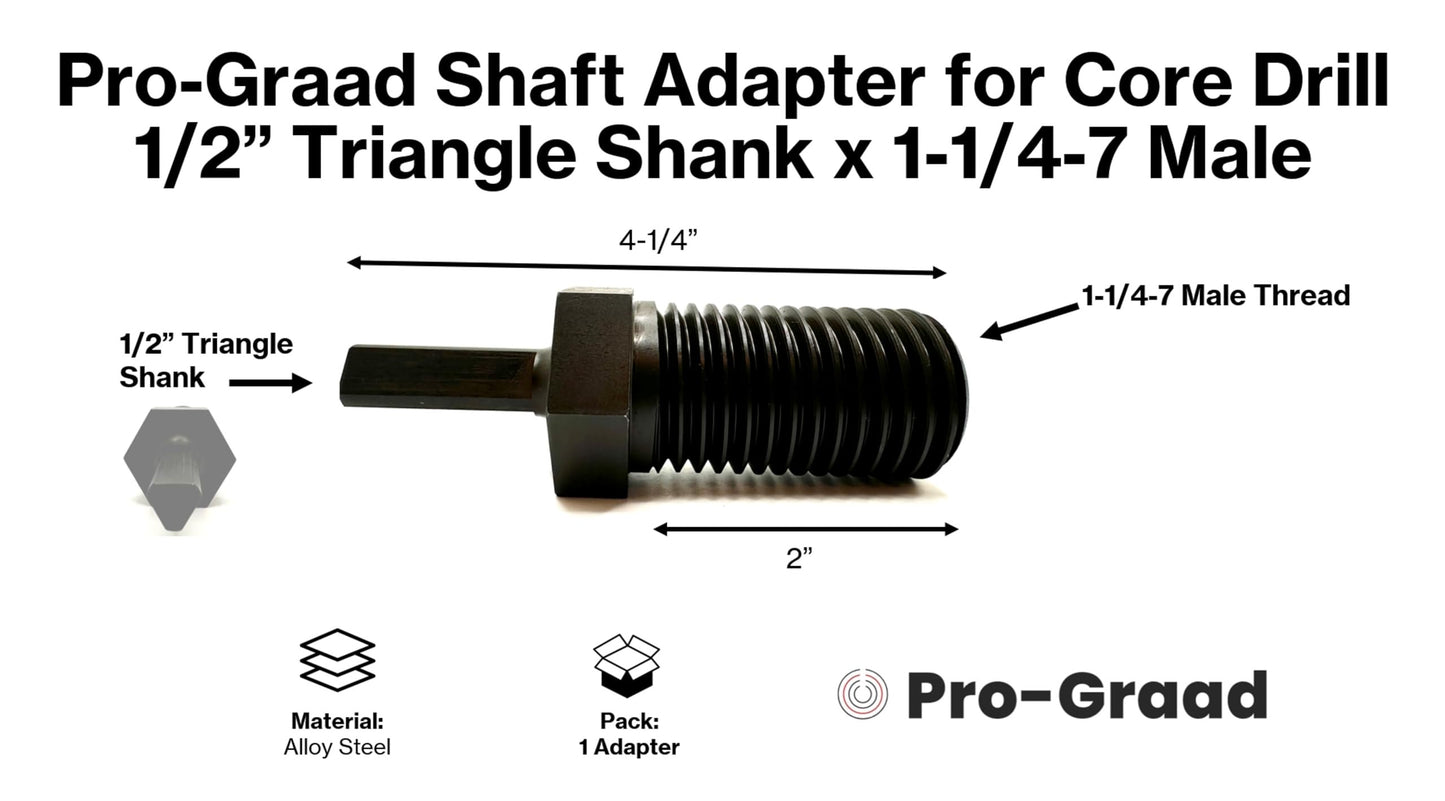 Pro-Graad Shaft Adapter for Core Drill Hole Saw, 1/2” Triangle Hex Shank to 1-1/4"-7 Male Threads, for Use with 1-1/4”-7 Threaded Diamond Hole Saw & Diamond Core Drill Bits
