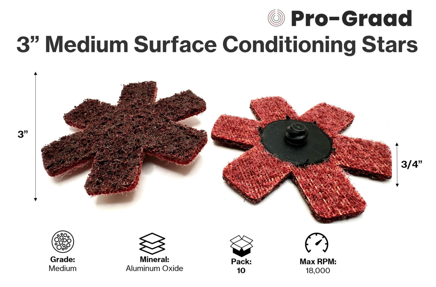 Pro-Graad 10 Pack 3” Medium Quick Change Surface Conditioning Stars, Ideal for Deburring, Polishing, Blending inside of cylinders, pipe, tubing, Excels on Aluminum, Steel, Titanium - Includes Holder
