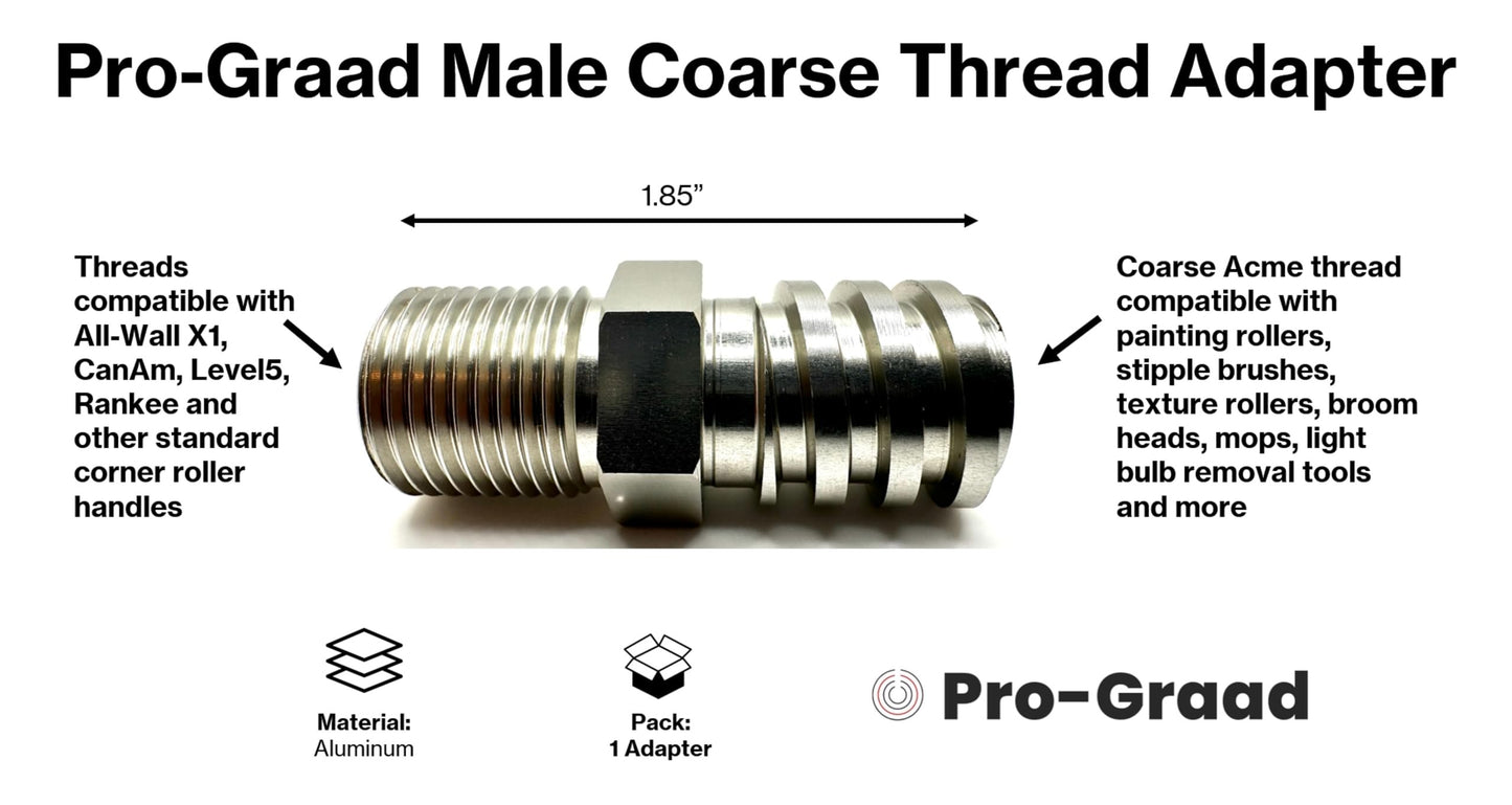 Pro-Graad Aluminum Male Coarse Thread Adapter - Converts Drywall Corner Roller Handle to Acme 3/4" Threads to fit Paint Rollers, Stipple Brushes, Brooms, Mops & More - Lightweight & Durable