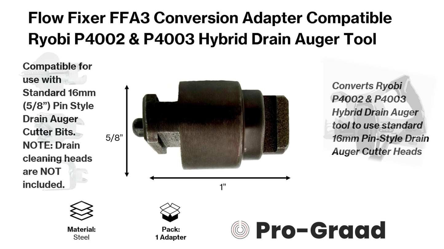 Flow Fixer FFA3 Conversion Adapter Compatible Fit Ryobi Hybrid Drain Auger P4002 & P4003. Enables use of standard 16mm pin-style drain auger cutter heads for increased versatility and performance