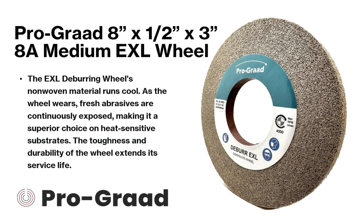 Pro-Graad EXL Deburring Wheel - 8" x 1/2" x 3" 8A Medium Grit - Silicon Carbide - Metal Deburring, Finishing and Polishing Wheel - Convolute - 17459 - (1 Pack)