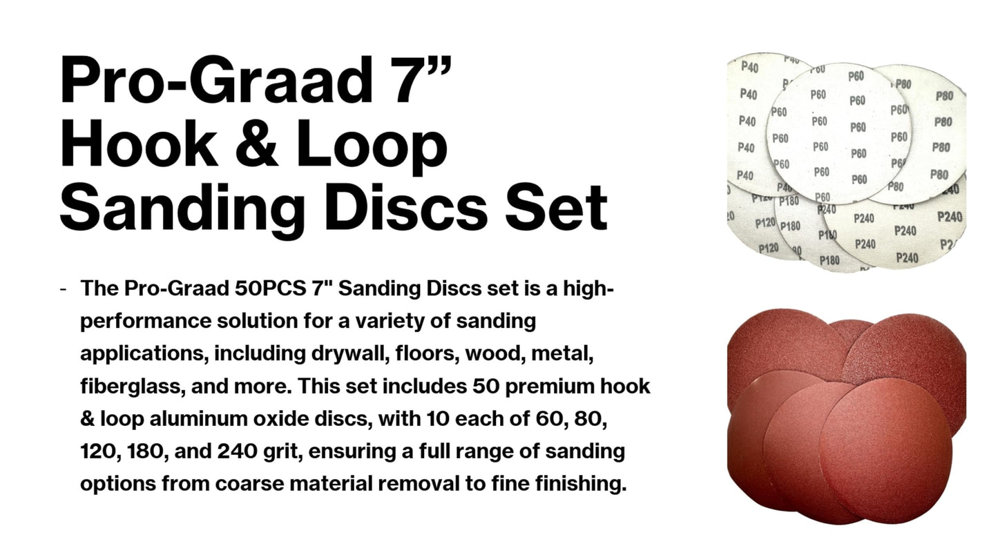 Pro-Graad 50PCS 7" Sanding Discs – 60/80/120/180/240 Grits, Hook & Loop, No-Hole, Aluminum Oxide for Drywall, Floor, Wood, Metal, Fiberglass – Durable, Fast Cutting, Clog-Resistant Sandpaper Set