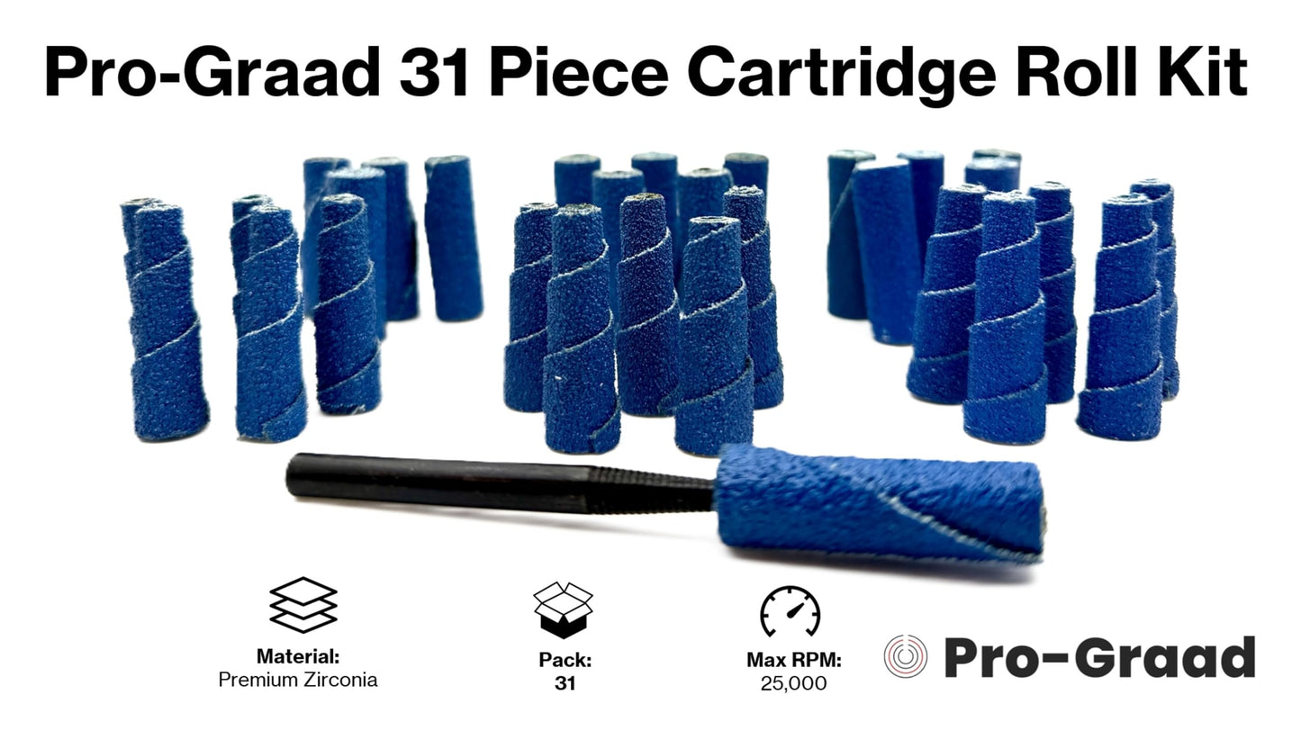 Pro-Graad 31 Piece Zirconia Abrasive Sanding Cartridge Spiral Roll Sander Kit, Mini Cone & Cylinder Kit for Metal, Wood, Stainless, Welds, Engine Porting – Die Grinder & Rotary Tool Accessories