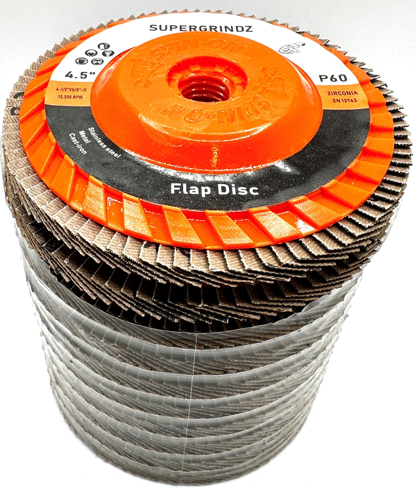 SuperGrindz 10 Pack 4-1/2" x 5/8"-11 60 Grit Type 27 High-Density Zirconia Trimmable Flap Discs for 4.5" & 5" Grinders, 5/8”-11 Fast Change Hub, Sanding, Finishing, Stock & Rust Removal