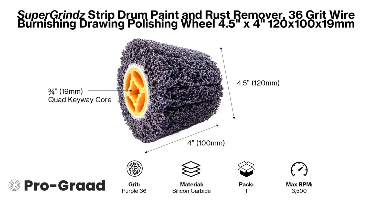 SuperGrindz 4.5” x 4” (120x100) Purple Strip & Clean Abrasive Drum Paint & Rust Remover, 36 Grit Wire Drawing Polishing Wheel for Metal Wood Surface Conditioning Clean Descale Welds Oxidation Removal