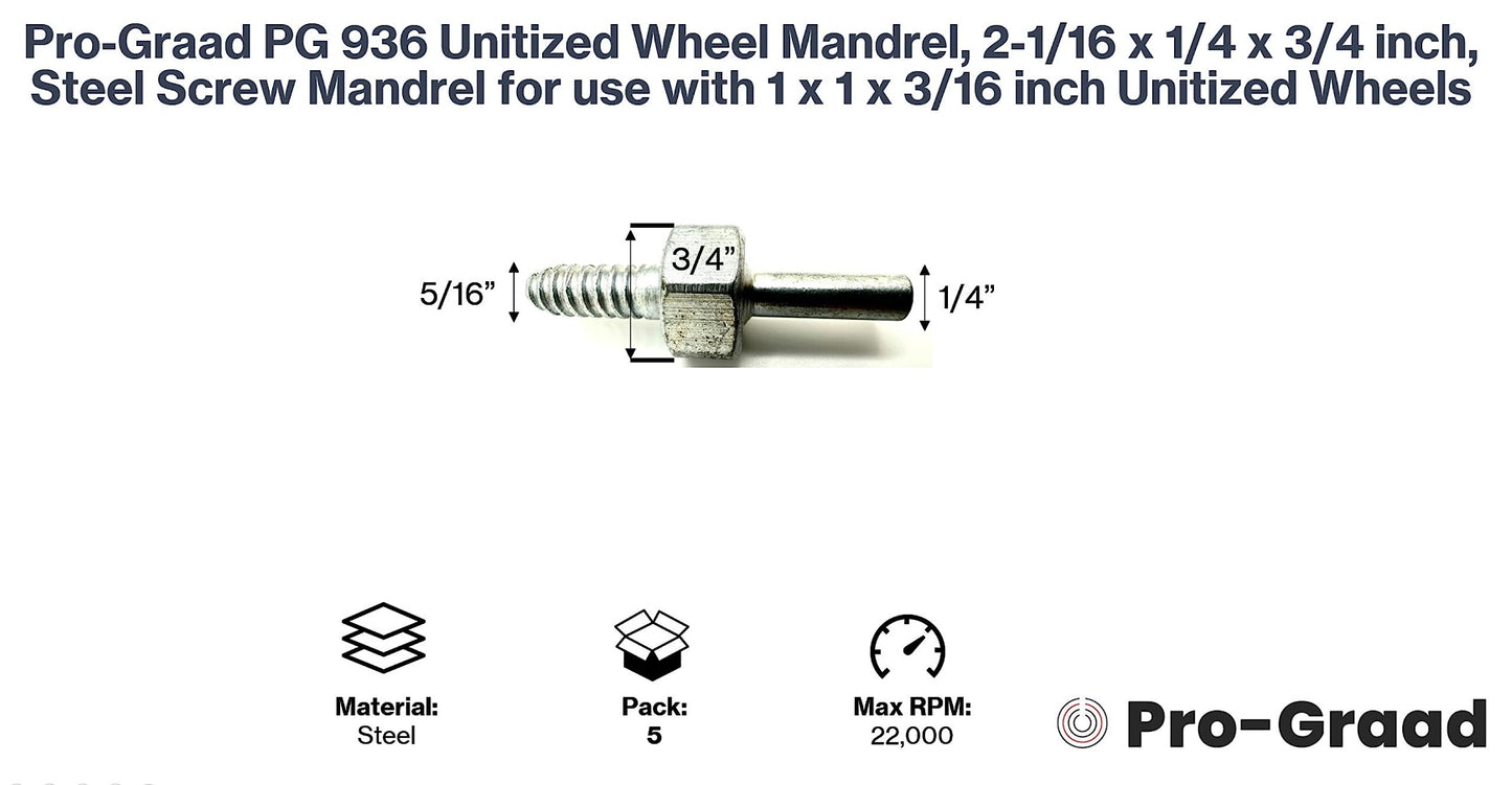 Pro-Graad 5 Pack PG 936 946 Unitized Wheel Mandrel, Quick Change Mandrel for Unitized Plug Wheels, use with 1 x 1 x 3/16 inch Unitized Wheels, Compatible for use with 3M Scotch Brite Unitized Wheels