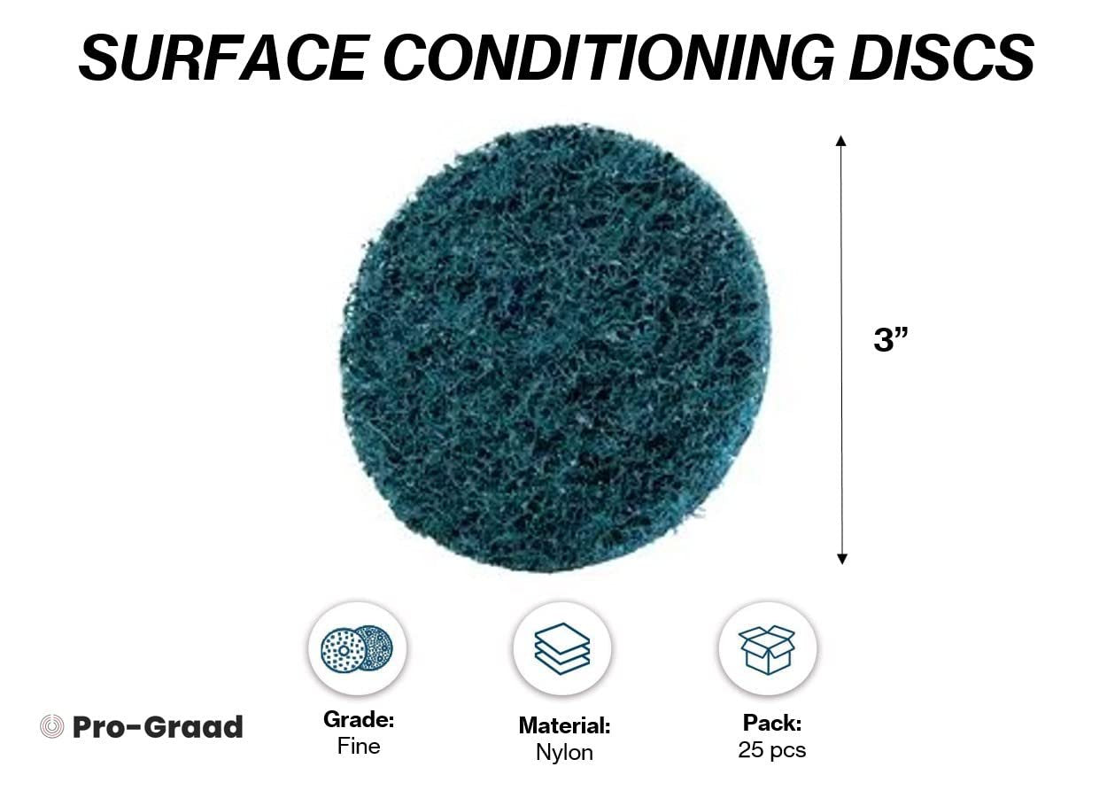 Pro-Graad 3" Quick Change Non-Woven Nylon Surface Conditioning Discs for Deburring Sanding Blending Polishing Paint Removal with Male R-Type Backing Use with Die Grinder - Blue - (Fine) - (25 Pack)
