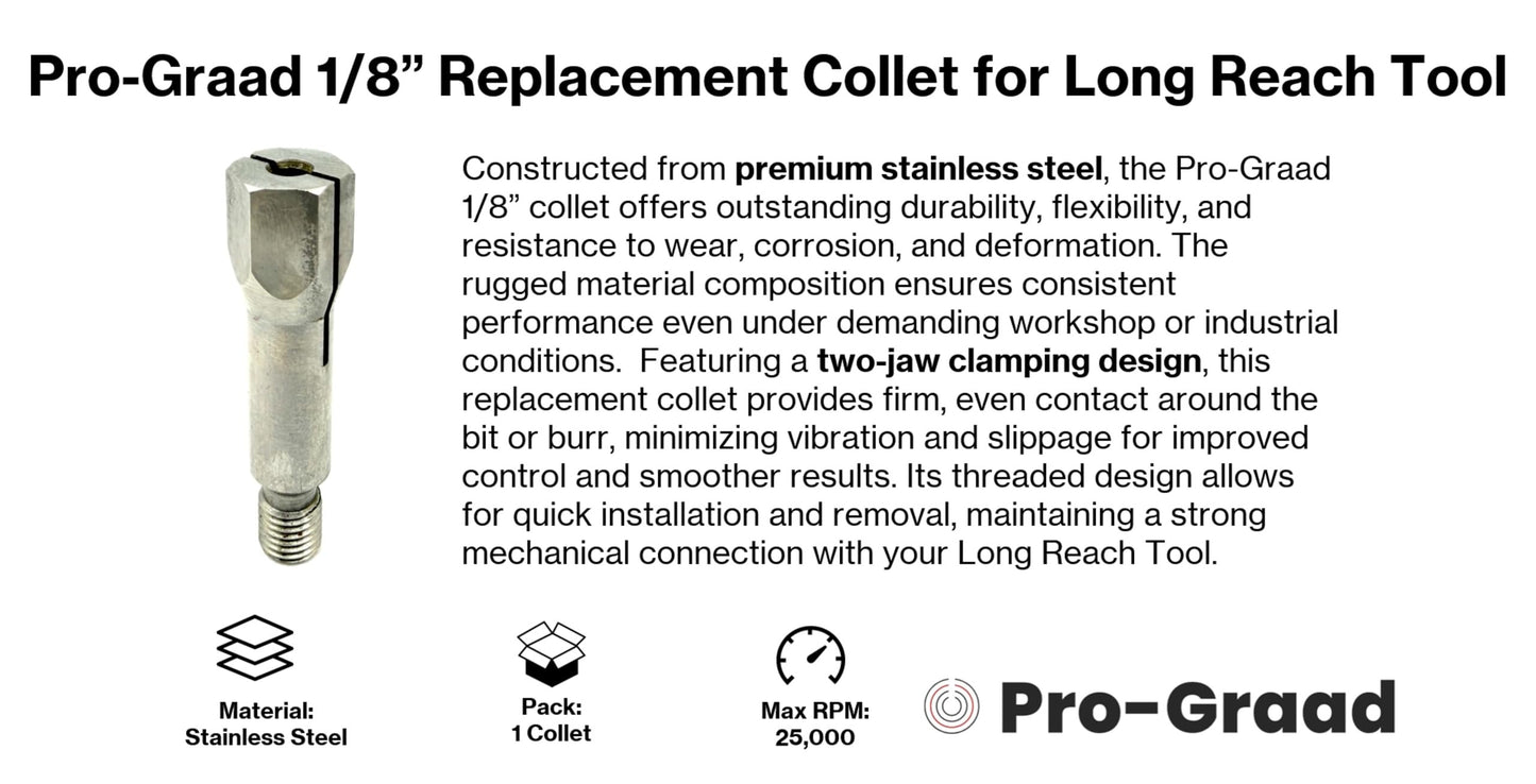 Pro-Graad 1/8” Collet Replacement for Long Reach Tool, Threaded Clamping Collet for 1/8 inch Arbors & Shanks Compatible with Long-Reach Tool