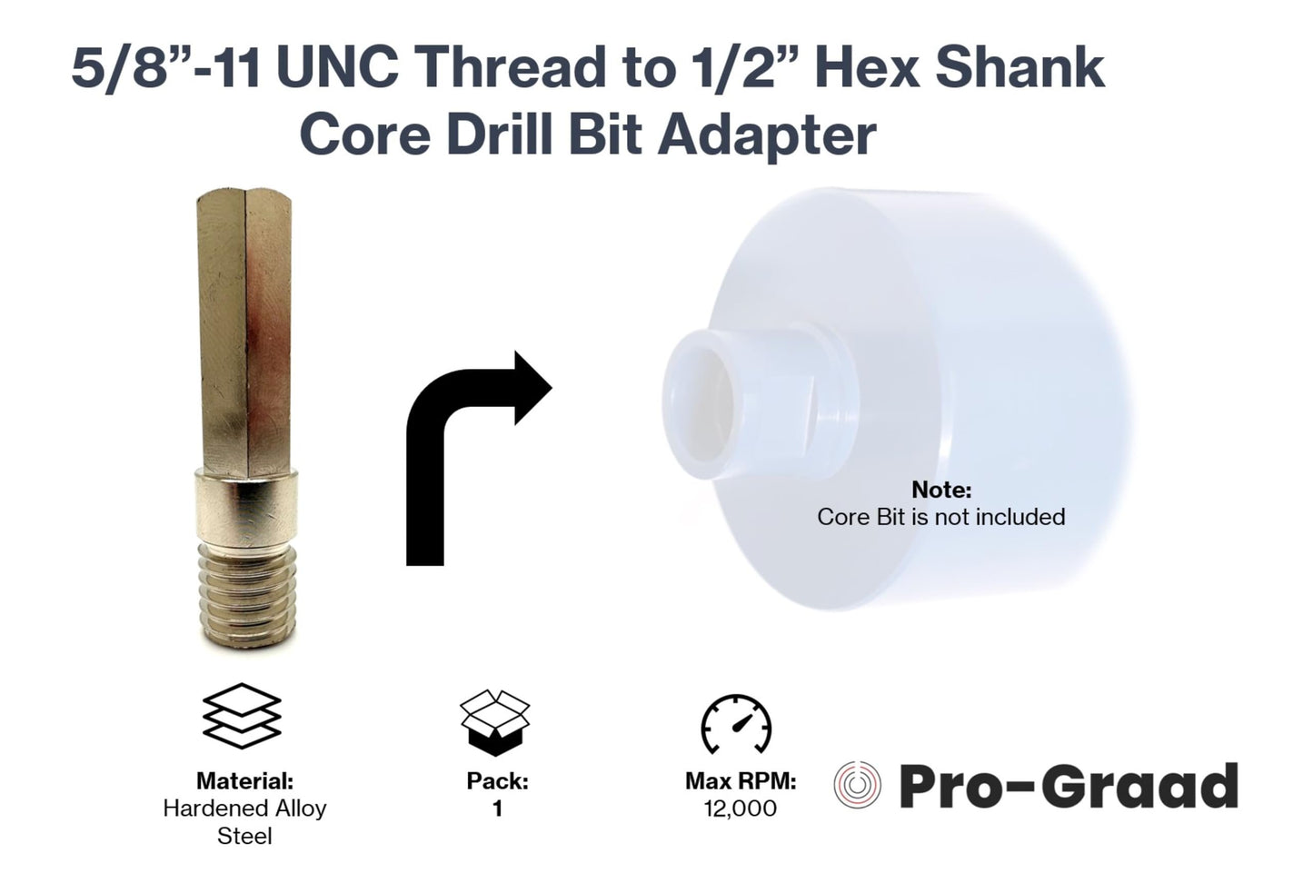 Pro-Graad Core Drill Bit Adapter 5/8"-11 Thread to 1/2" Hex Shank, 5/8-11 Male Drill Bit Adapter for Threaded Diamond Hole Saw Core Drill Bit (5/8"-11 Thread to 1/2" Hex Shank, 1)