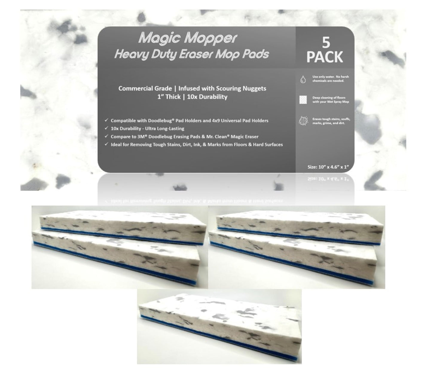 Magic Mopper 4.5" x 10" Heavy Duty Mop Floor Cleaning Eraser Pads infused with Scouring Nuggets 10x Durability Commercial Grade Floor Baseboard Walls, Compare to Magic Eraser – Doodlebug Pad, 5 Pack
