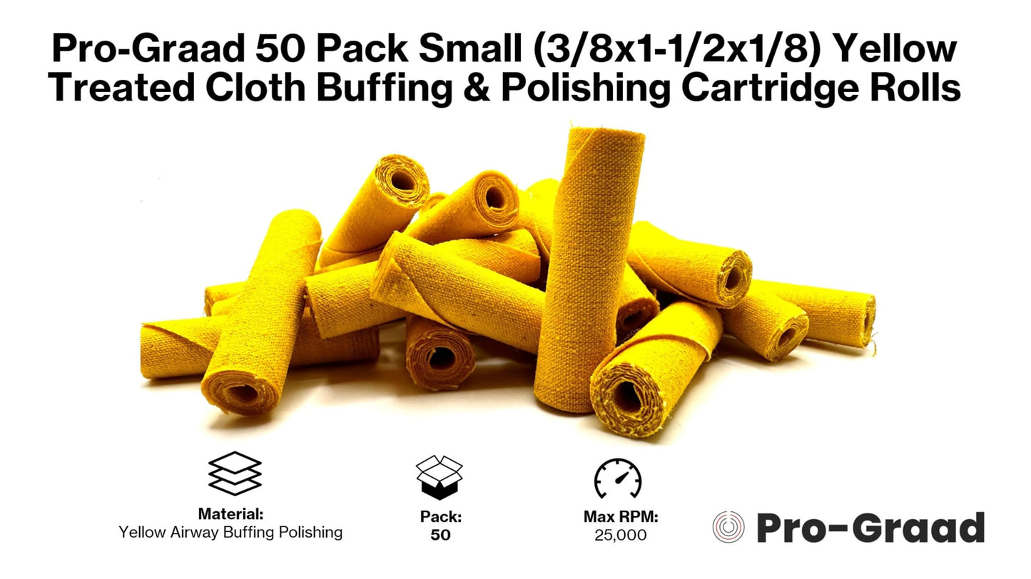 Pro-Graad 50 Pack 3/8x1-1/2x1/8 Yellow Treated Cloth Buffing & Polishing Cartridge Rolls, Ideal for Detail Polishing Hard to Reach Areas