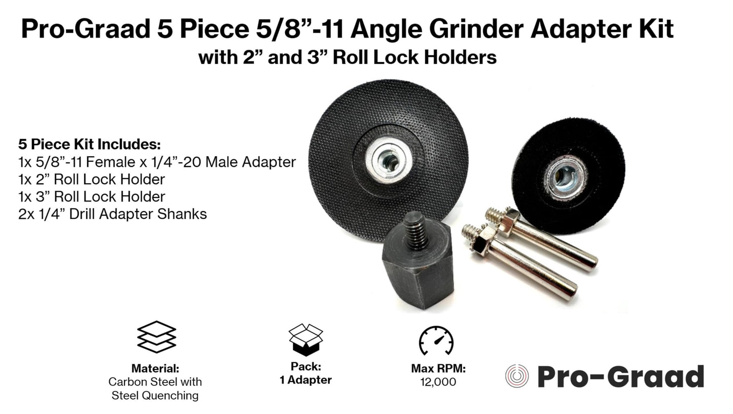Pro-Graad 5 Piece 5/8-11 Angle Grinder Adapter Kit, with 2” & 3” Roll Lock Type R Quick Change Disc Pad Holder, 5 Pcs Adapter Kit for Angle Grinders with 5/8”-11 Thread