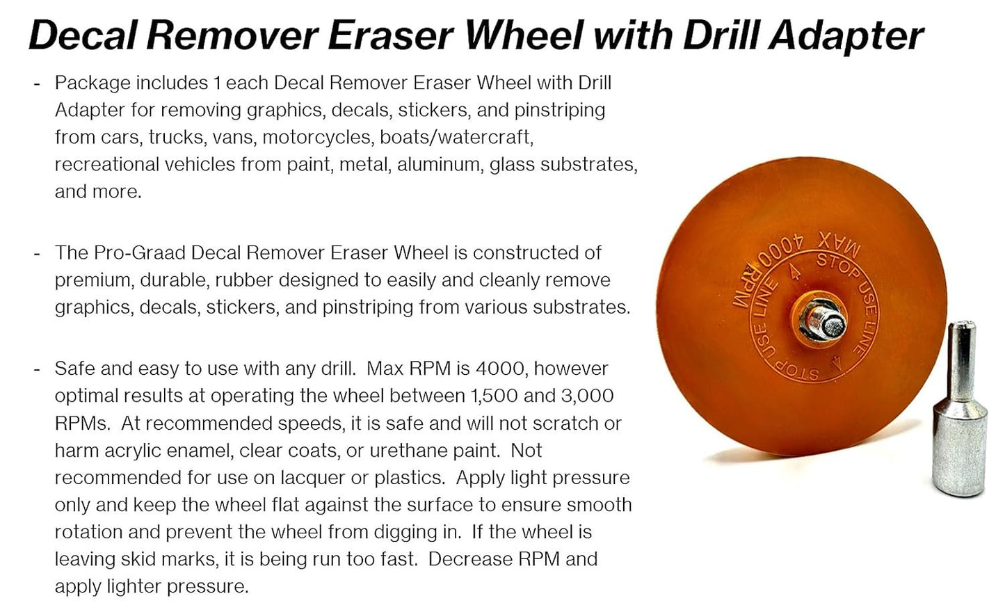 Pro-Graad Decal Remover Eraser Wheel | Solid Rubber Eraser Wheel with Drill Adapter | Removes Graphics, Vinyl Decals, Stickers, Pinstripes, Car Emblems | Adhesive Remover