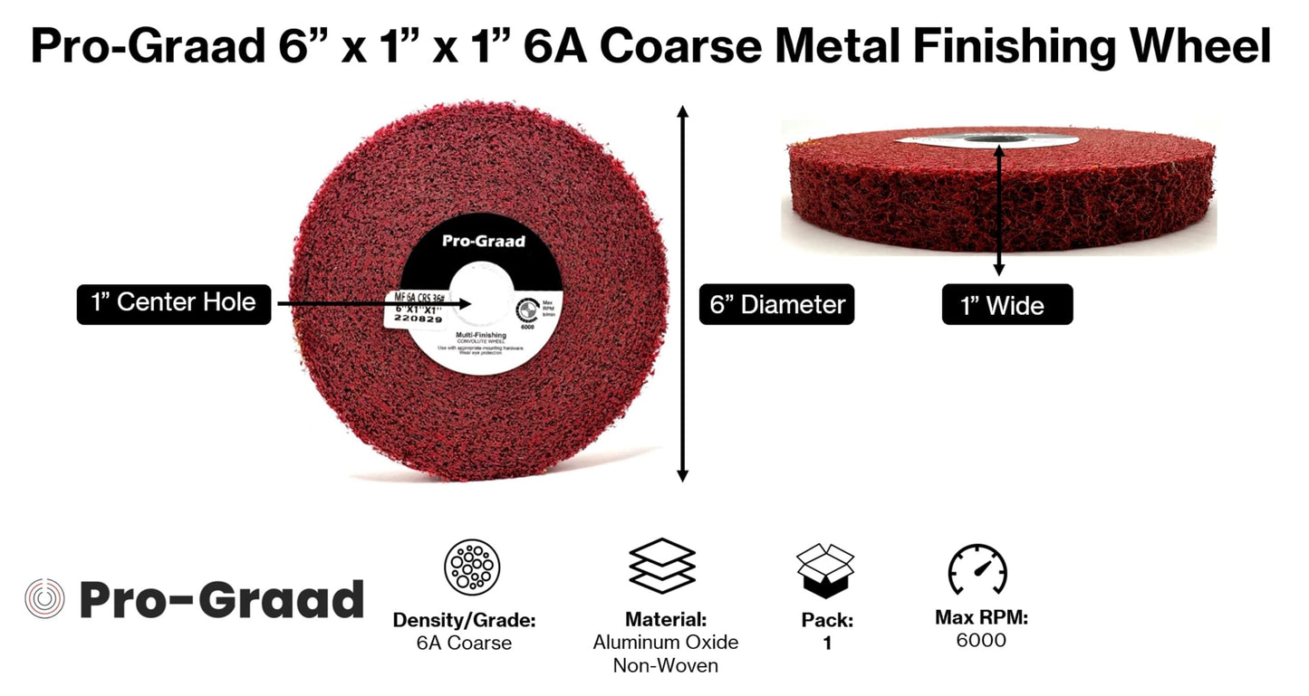 Pro-Graad Metal Finishing Wheel – 6” x 1” x 1” 6A Coarse – Aluminum Oxide – Maroon Metal Finish Convolute Wheel – for #3 Brush, Satin and Mill Finishes – 01866 - Pack of 1