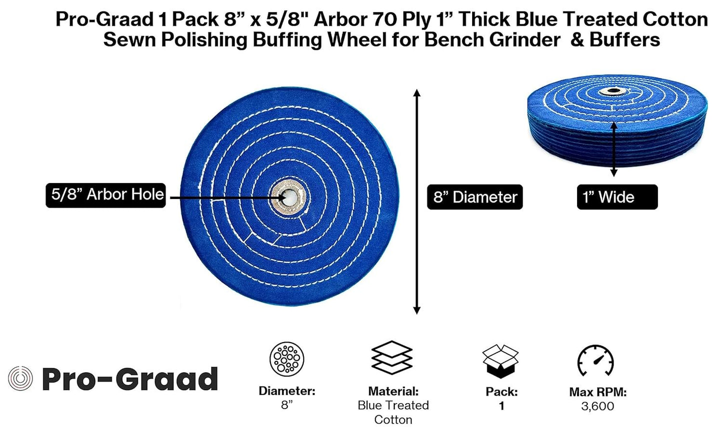 Pro-Graad 1 Pack Extra Thick Buffing Polishing Wheel 8 inch Blue Treated Cotton Medium, 70 Ply – 1” Thick with 5/8 inch Arbor Hole for Bench Grinder – Ideal for Middle Step Buffing – Pack of 1