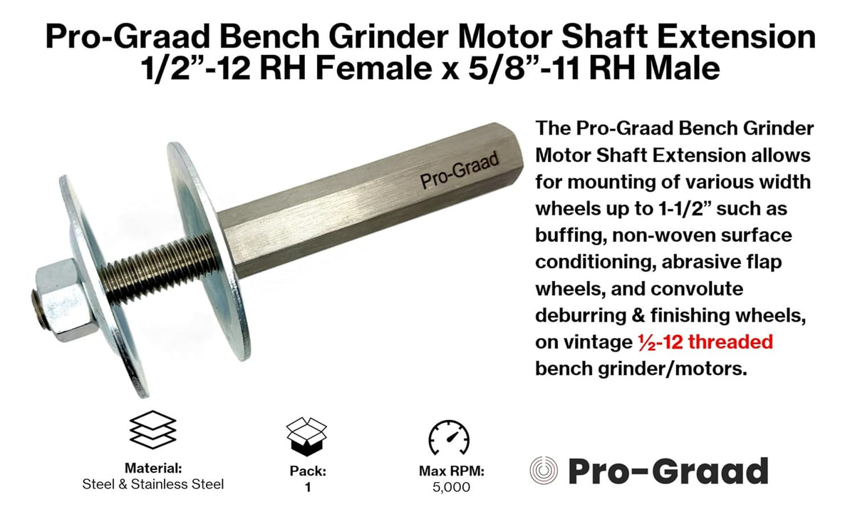 Pro-Graad Bench Grinder Motor Shaft Extension, 1/2"-12 RH to 5/8"-11 RH, 7”