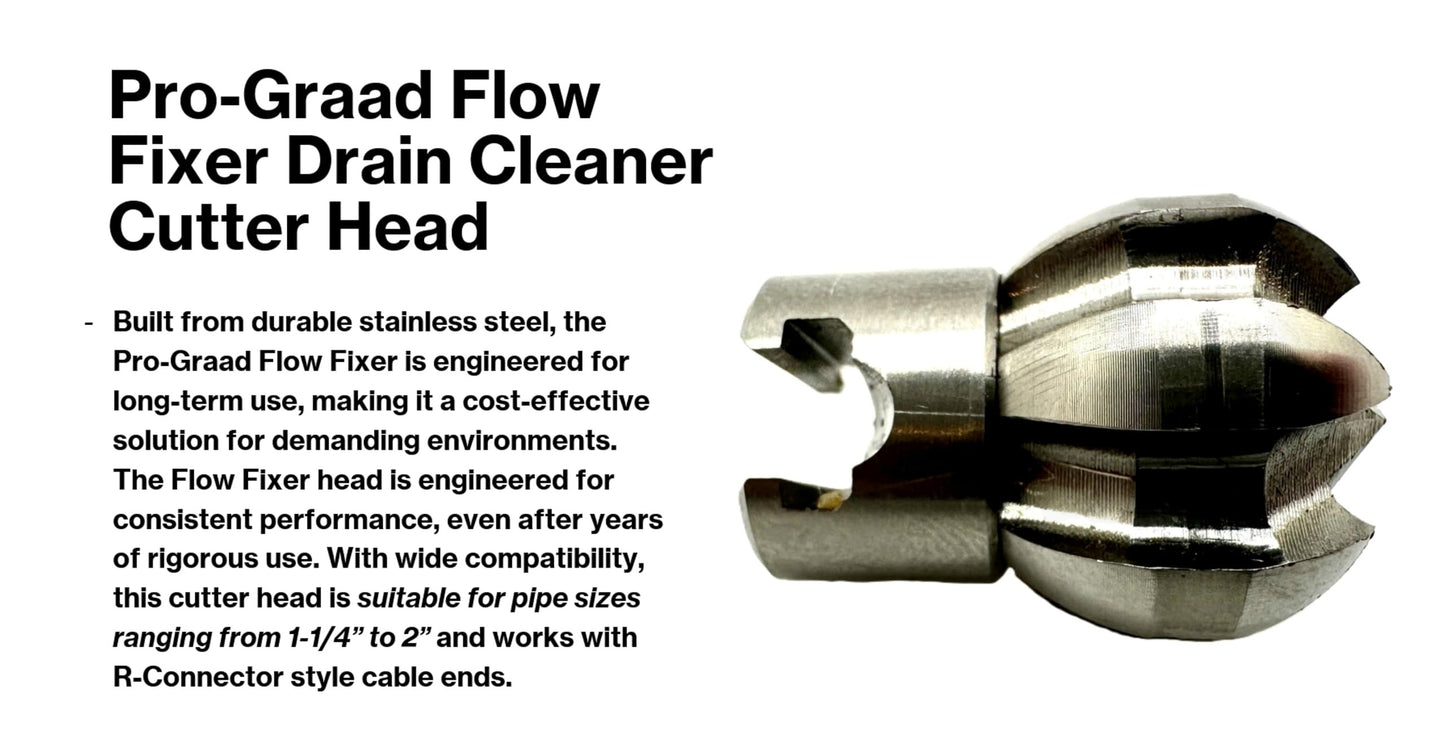 Pro-Graad 1” Flow Fixer Drain Cleaner Plumbing Snake Cutter Head for 1-1/4" - 2" Pipes, Clears & Scrapes Pipe Inner Walls, with R-Connector (Push Pin Fitting), for Commercial & Residential Use