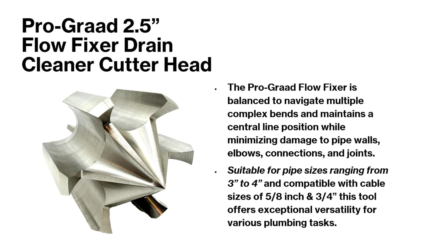 Pro-Graad Flow Fixer 2-1/2" Drain Cleaner Plumbing Snake Cutter Head for 3" - 4" Pipes, Clears & Scrapes Pipe Inner Walls, Fits 5/8” & 3/4" Cables, for Commercial & Residential Use
