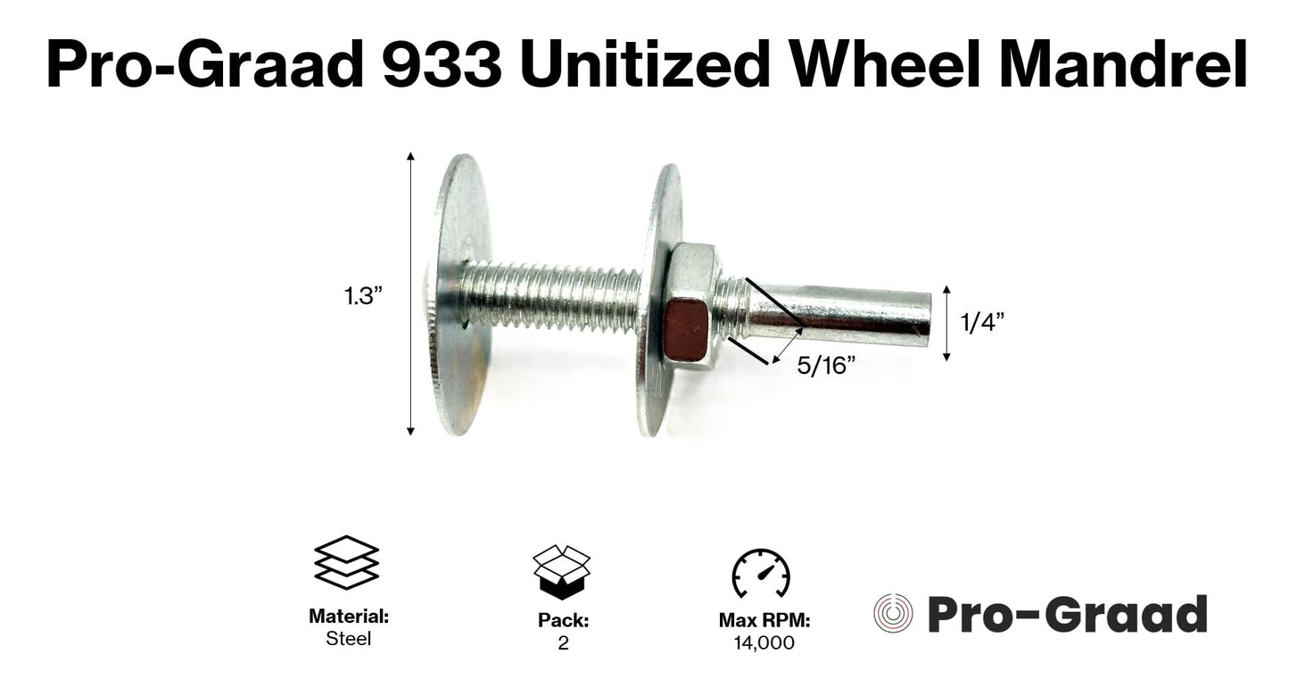 Pro-Graad 2 Pack 933 Unitized Wheel Mandrel, 2” x 1/4” x 1-1/4”, for attaching 2” – 4” Diameter – 1/4” Center Hole Buffing, Polishing, Unitized Wheels to Rotary Tools, Pack of 2