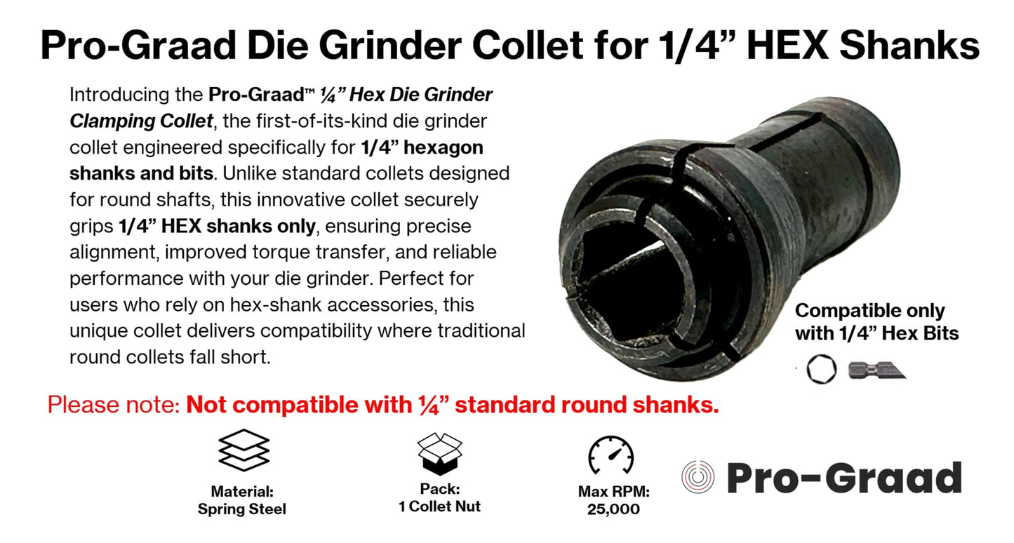 Pro-Graad Die Grinder Collet for 1/4” HEX Shanks – Unique Hex-Style Clamping Collet for Air Tool Die Grinders – Not for Round Shanks – Holds 1/4 Inch Hex Bits