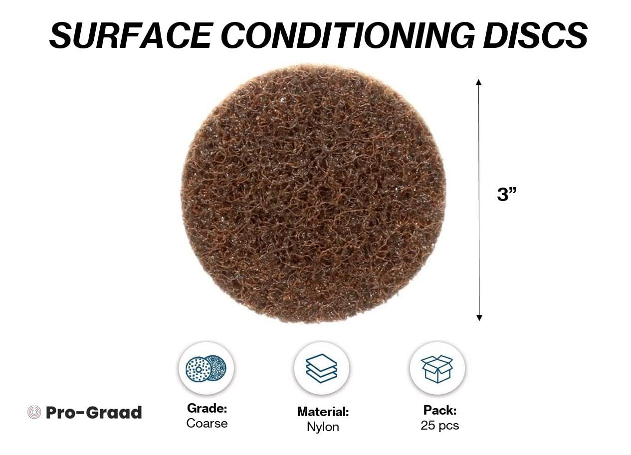 Pro-Graad 3" Quick Change Non-Woven Nylon Surface Conditioning Discs for Deburring Sanding Blending Polishing Paint Removal with Male R-Type Backing, Use with Die Grinder - Brown- (Coarse) - (25 Pack)