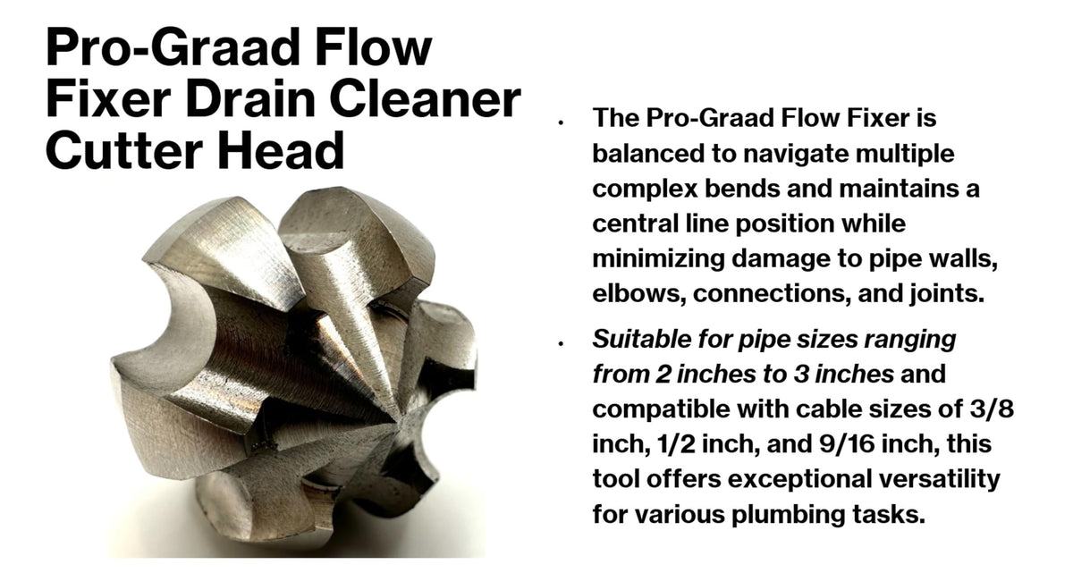 Pro-Graad 1.6” Flow Fixer Drain Cleaner Plumbing Snake Cutter Head for 2" - 3" Pipes, Clears & Scrapes Pipe Inner Walls, Fits 3/8”, 1/2" or 9/16” Cables, for Commercial & Residential Use