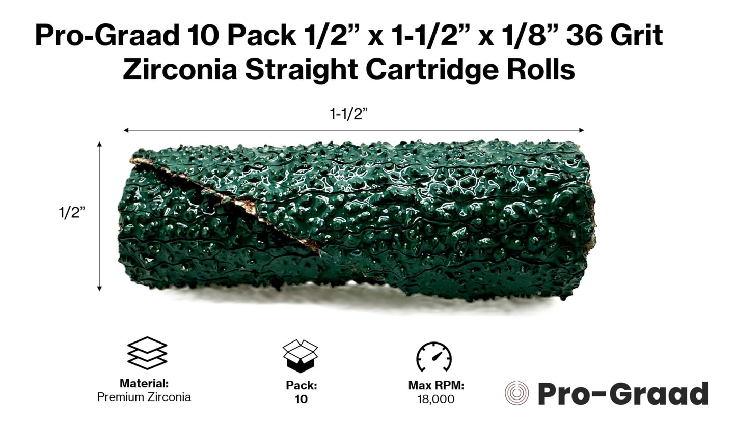 Pro-Graad 1/2” Diameter x 1-1/2” Length x 1/8” Pilot Hole 36 Grit Zirconia Straight/Untapered Cartridge Roll, 10 Pack, Includes 1x CR-9 Mandrel