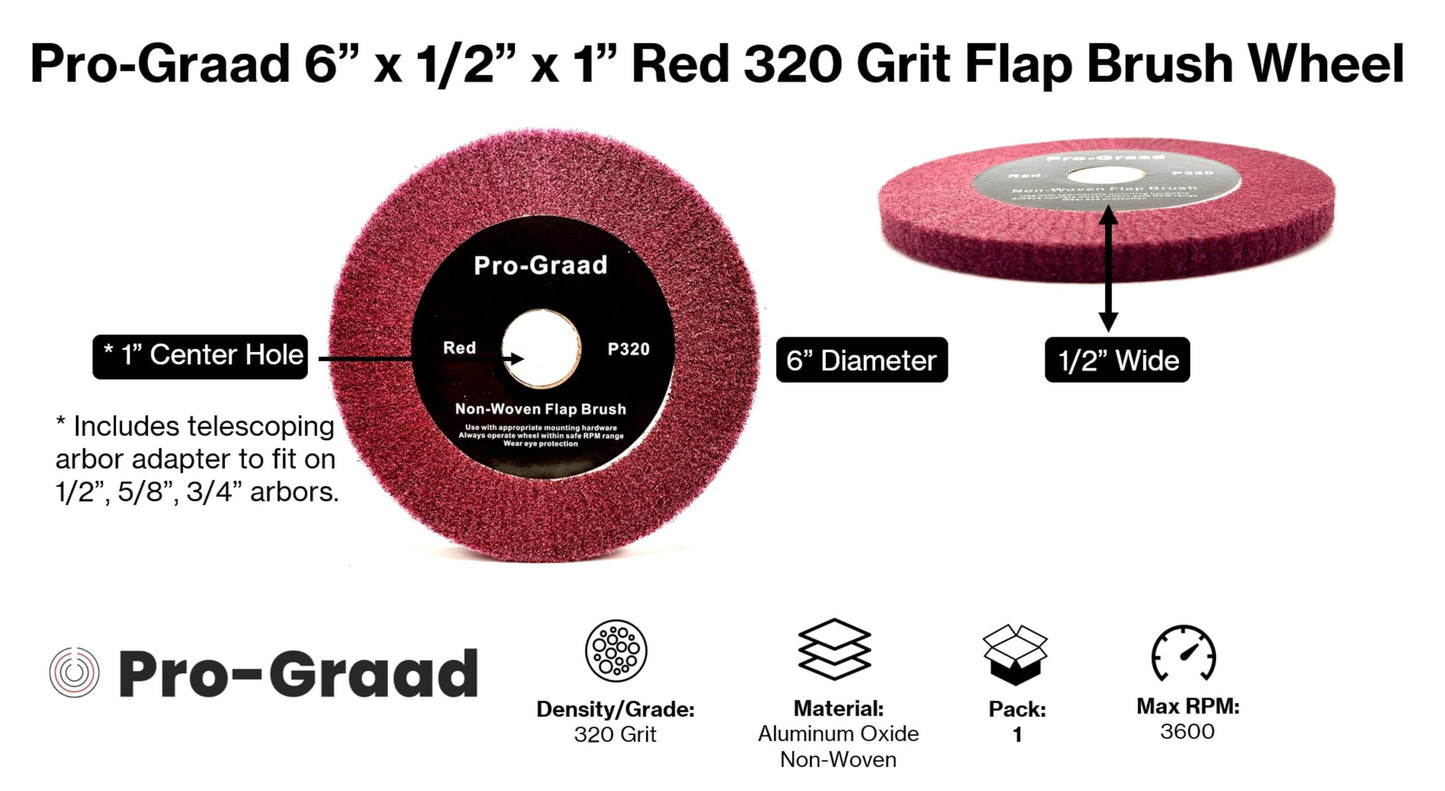 Pro-Graad 6” x 1/2” x 1” Arbor Red Bench Grinder Polishing Flap Wheel, 320 Grit, Tight Weave, Great for refurbishing golf clubs and metal, Non-Woven Wheel for Copper, Metal, Finishing & Burnishing
