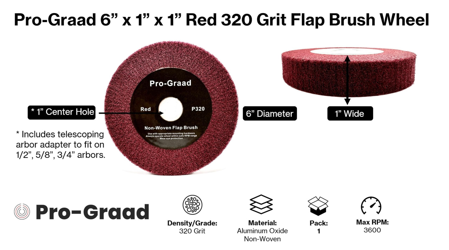 Pro-Graad 6” x 1” x 1” Arbor Red Bench Grinder Polishing Wheel, 320 Grit, Tight Weave, Great for refurbishing golf clubs and metal, Non-Woven Wheel for Copper, Metal, Finishing, and Burnishing