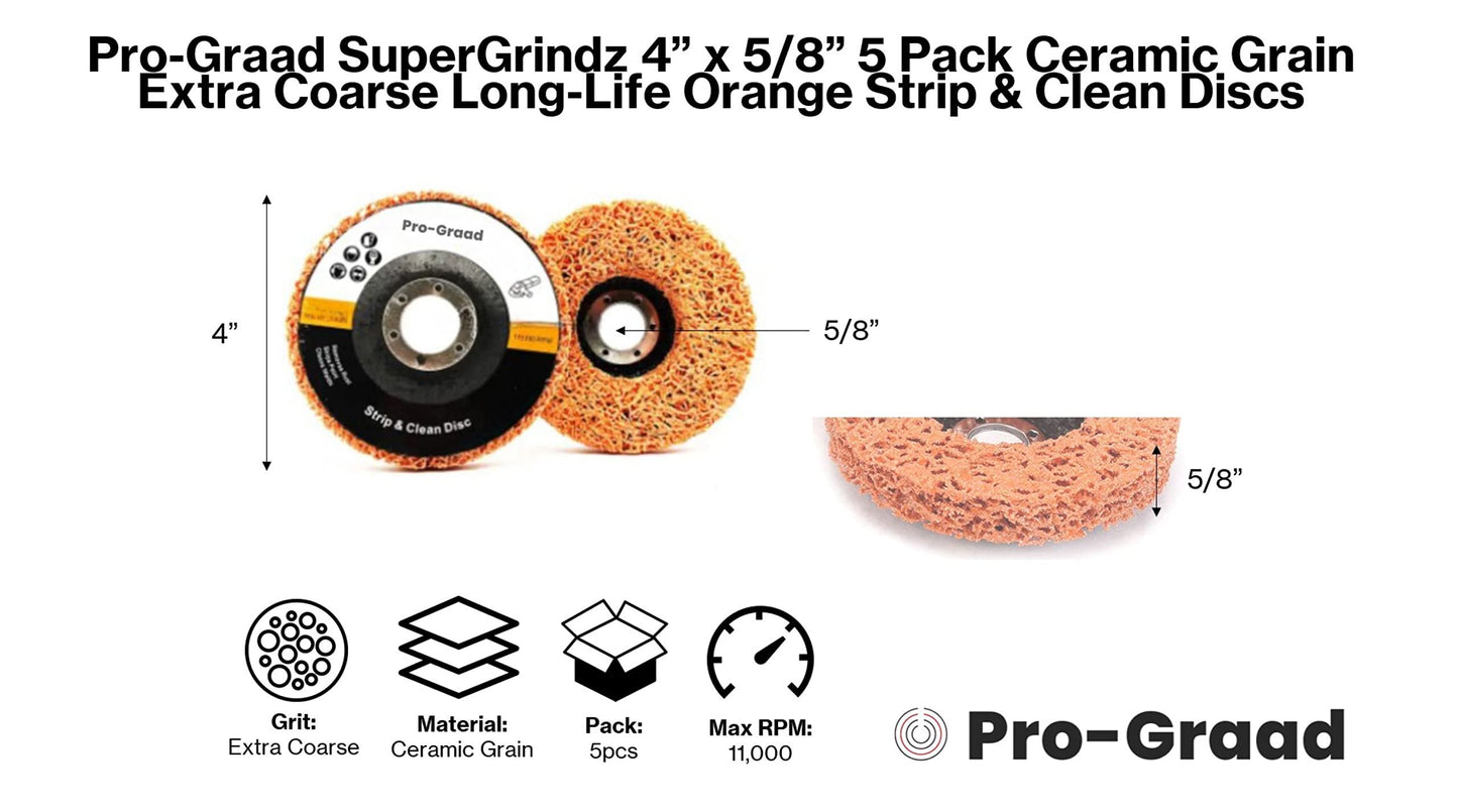 Pro-Graad SuperGrindz 5 Pack 4" x 5/8" Orange Ceramic Grain Extra Coarse Long-Life Strip Discs Stripping Wheel Fit Angle Grinder Clean Remove Strip Paint Coating Rust Welds Oxidation