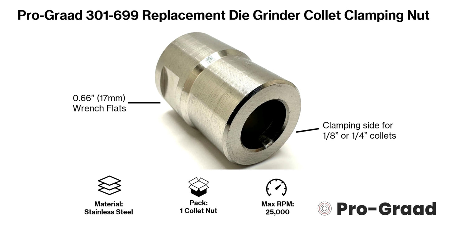 Pro-Graad 301-699 Replacement Die Grinder Collet Clamping Nut Compatible Fit Ingersoll Rand 301, 302, 307, 308, 3101, 5102, 5108, WorkPro, Dewalt & Others with M16*1 Thread, 1" Tall Cap