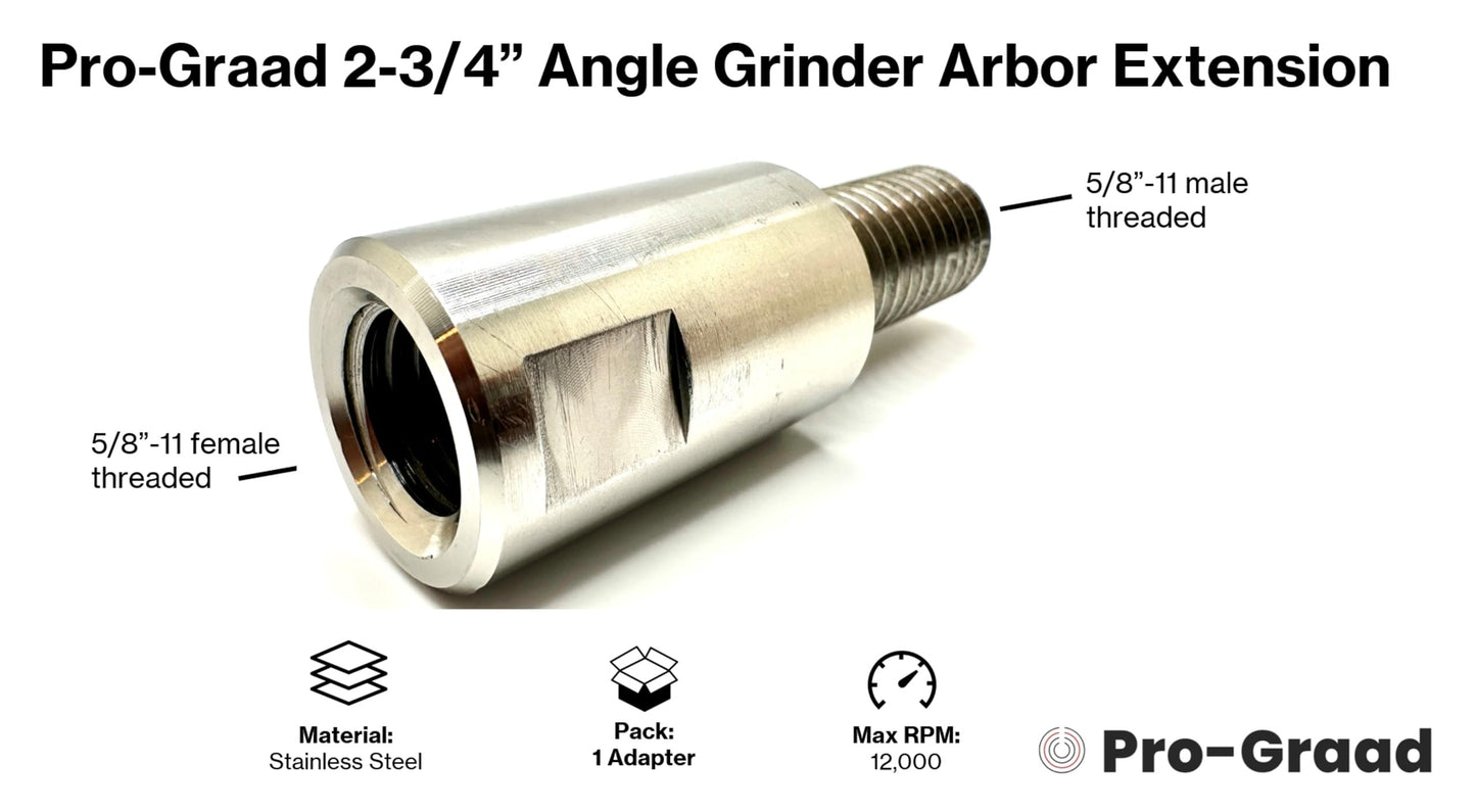 Pro-Graad 2-3/4” Stainless Angle Grinder Arbor Extension, 1-1/4” Thread Length, Extra Threads On Power Tools with 5/8”-11 Arbor, Angle Grinder Airway Buff Extender Kit for Buffing & Airway Wheels
