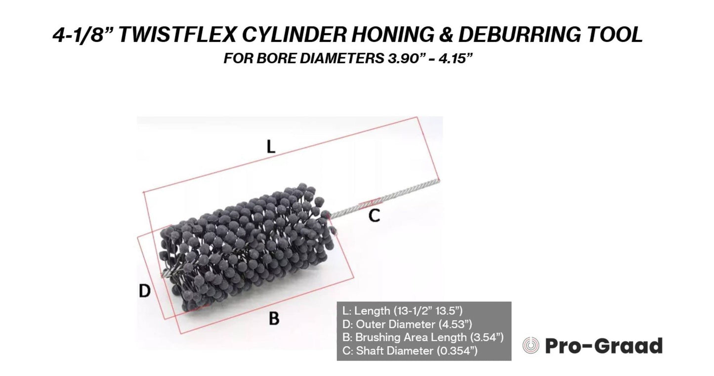 Pro-Graad TwistFlex Cylinder Hone | 4-1/8” 240SC Flexible Cylinder Honing & Deburring Tool | 4.125" Bore Brush for Hole Diameters 3.90” – 4.15” | Silicon Carbide 240 Grit 0.354" Shank 13-1/2" Length