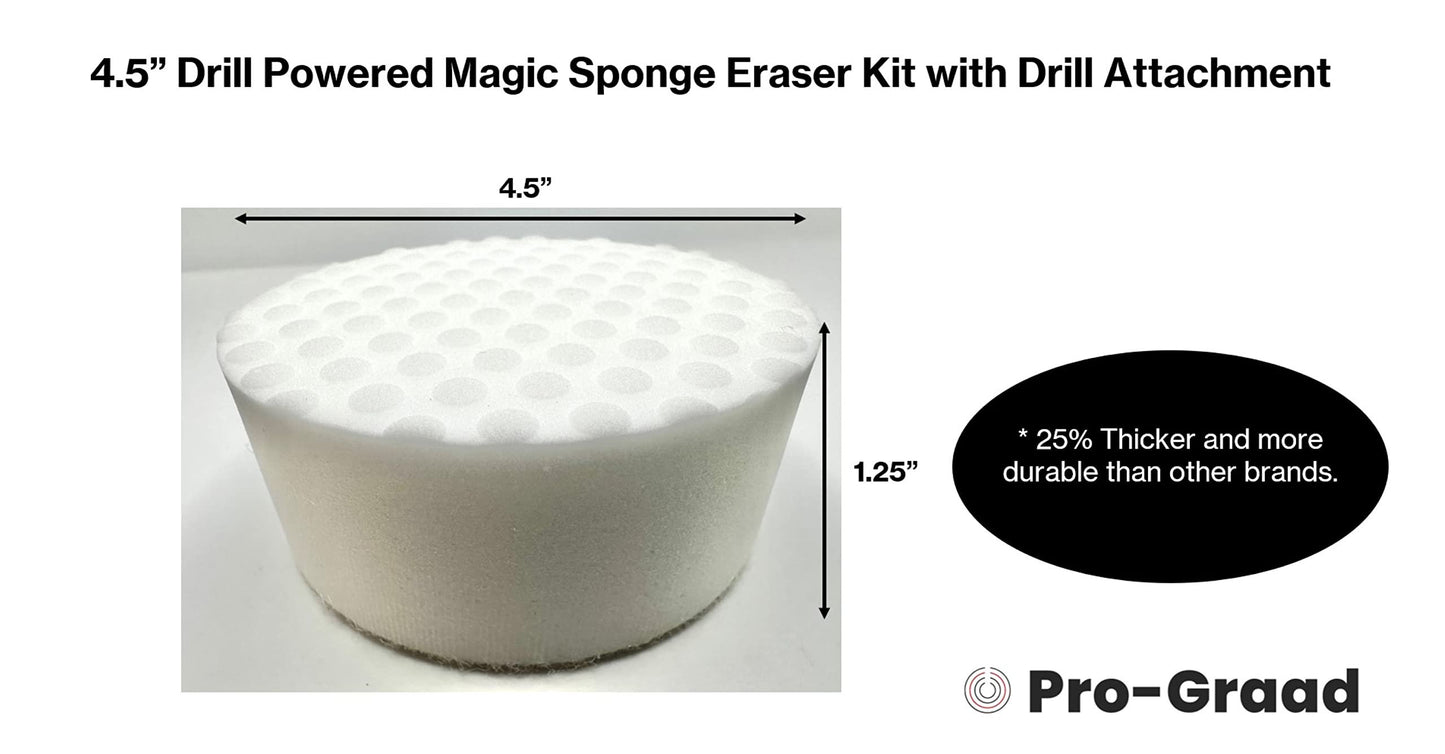 4.5” Drill Powered Magic Sponge Eraser 6 Pieces Kit with Drill Attachment | 25% Thicker Ultra Durable Melamine Cleaning Eraser Pads for Bathroom Kitchen Floors Walls Baseboards Crayon Marker and more