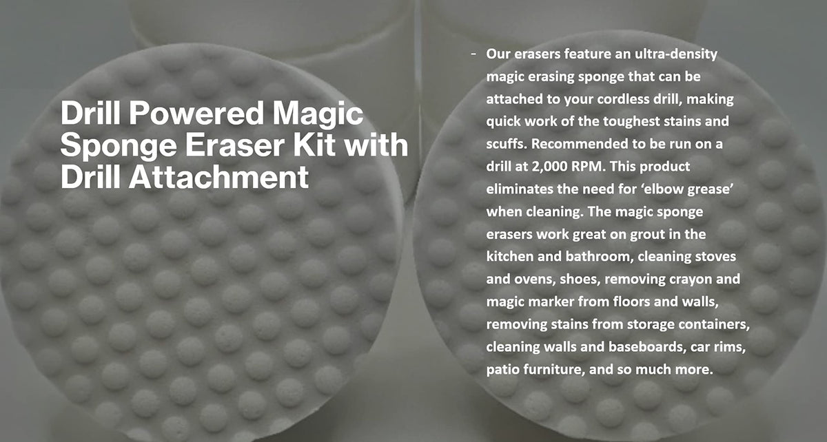 3.5” Drill Powered Magic Sponge Eraser 6 Pieces Kit with Drill Attachment | 25% Thicker Ultra Durable Melamine Cleaning Eraser Pads for Bathroom Kitchen Floors Walls Baseboards Crayon Marker and more